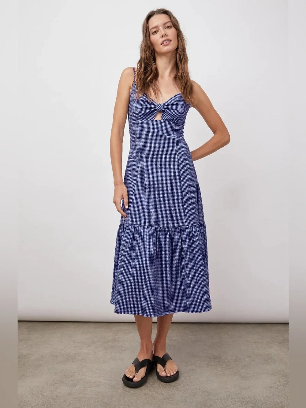 Rails Maeve Midi Dress Size XS Navy Lilac Gingham Bow Cut Out Organic Cotton